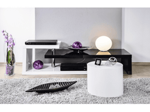 Charger l&#39;image dans la galerie, Un salon moderne avec un meuble TV noir et blanc et de la décoration.
