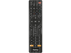 Une télécommande noire avec plusieurs boutons pour les fonctions TV. Elle porte le logo 