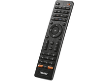 Charger l&#39;image dans la galerie, Télécommande de télévision noire inclinée vers le haut, avec boutons et logos.
