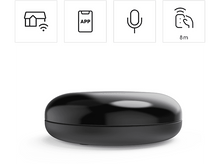 Charger l&#39;image dans la galerie, Un appareil domestique intelligent noir avec des icônes pour le wifi, l&#39;application, le micro et une portée de 8 m.
