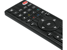 Charger l&#39;image dans la galerie, Une télécommande noire avec de nombreux boutons. Les boutons sont noirs, gris, rouges et bleus. Le fond est blanc.

