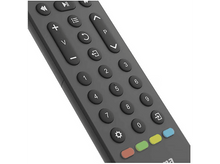 Charger l&#39;image dans la galerie, Une télécommande gris foncé. Elle comporte des boutons avec des chiffres, le volume, la chaîne et des commandes de lecture. Boutons colorés en bas.
