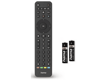 Charger l&#39;image dans la galerie, Une télécommande noire et deux piles sur fond blanc. La télécommande a des boutons. Les piles indiquent &quot;hama&quot; et &quot;Ultra&quot;.
