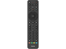 Charger l&#39;image dans la galerie, Une télécommande Hama noire. Elle comporte de nombreux boutons avec des symboles et des chiffres. Le bouton OK est centré. Le fond est noir.
