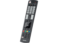 Télécommande : Marque Hama, noire, avec de nombreux boutons et étiquettes, sur fond noir.