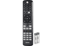 Charger l&#39;image dans la galerie, Télécommande noire avec boutons et deux piles AAA sur fond blanc.
