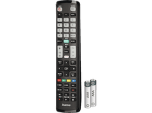 Charger l&#39;image dans la galerie, Une télécommande noire avec de nombreux boutons sur une surface blanche.
