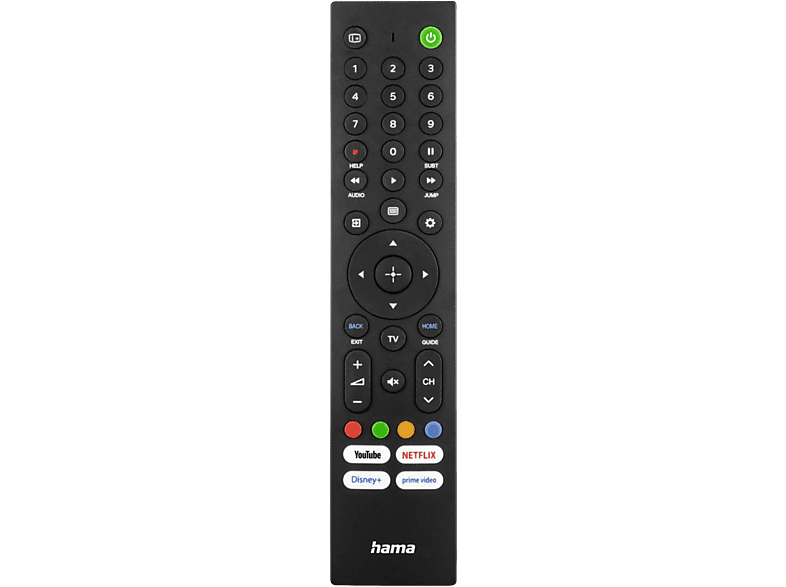 Télécommande TV noire avec boutons. Inclut les boutons d'alimentation, de numéros et de services de streaming.