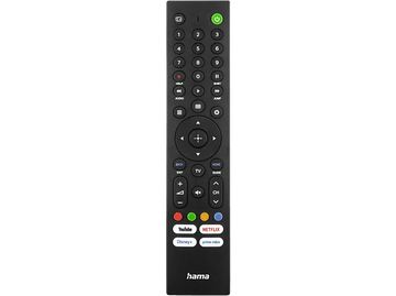 Télécommande TV noire avec boutons. Inclut les boutons d'alimentation, de numéros et de services de streaming.