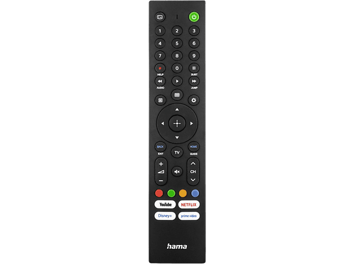 Télécommande TV noire avec boutons. Inclut les boutons d'alimentation, de numéros et de services de streaming.
