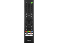 Télécommande TV noire avec boutons. Inclut les boutons d'alimentation, de numéros et de services de streaming.