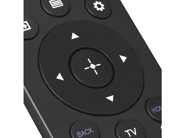 Gros plan d'une télécommande noire avec des boutons et un pavé directionnel.