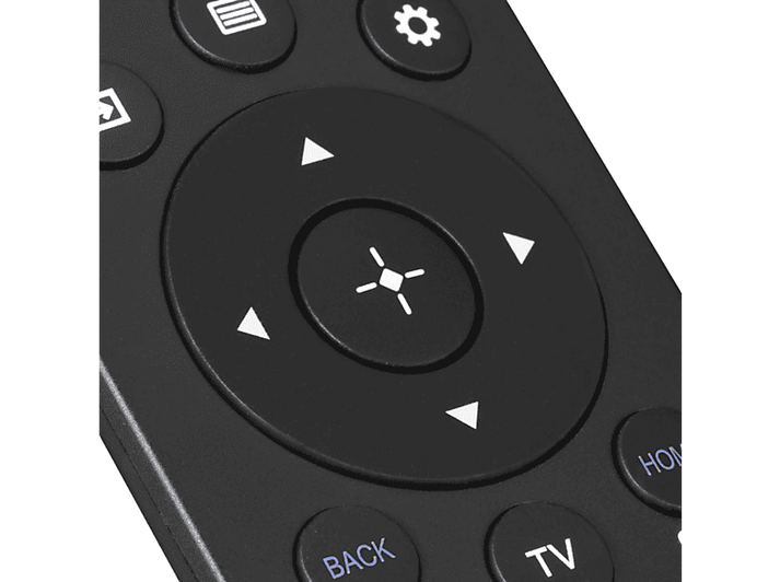 Gros plan d'une télécommande noire avec des boutons et un pavé directionnel.