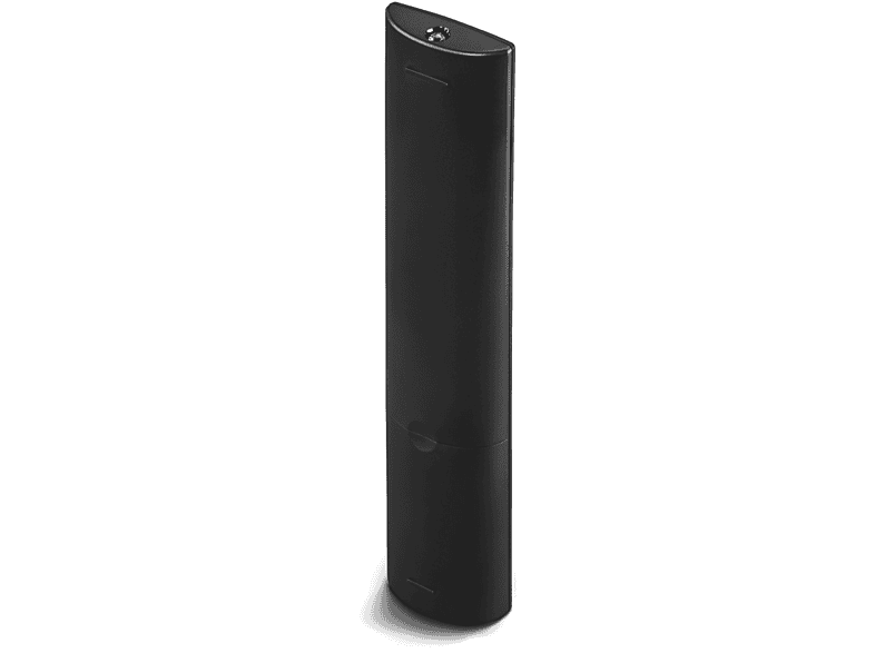 Télécommande noire sur fond blanc, montrant la face arrière.