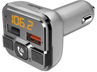 Chargeur de voiture argenté avec affichage numérique 106.2. Il a des ports USB et des boutons.