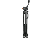 Charger l&#39;image dans la galerie, Un trépied noir. Il a une poignée et un mécanisme de verrouillage orange.
