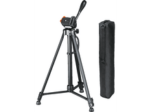 Charger l&#39;image dans la galerie, Un trépied noir avec un support d&#39;appareil photo et un sac de transport noir sur fond blanc.
