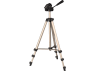 Trépied, argent et noir, avec une tête de caméra, sur fond noir.