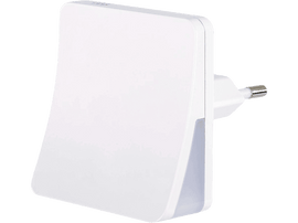 Prise murale blanche avec un design rectangulaire. Elle possède une petite lumière sur le côté.