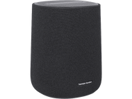 Un haut-parleur cylindrique gris foncé avec le logo 'harman/kardon' sur fond noir.