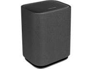 Un haut-parleur gris foncé sur fond noir. Il a une texture semblable à du tissu sur les côtés et le dessus.