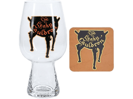 Verre et dessous de verre Leaky Cauldron. Verre clair, dessous de verre marron.