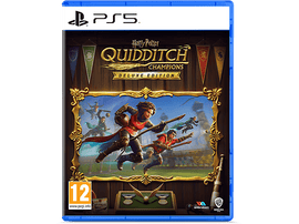 Jaquette de jeu PS5 : Harry Potter Quidditch Champions Deluxe Edition, avec des joueurs volants.