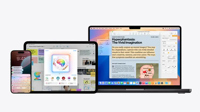 iPhone, iPad et Mac affichant des fonctionnalités basées sur l'intelligence artificielle.