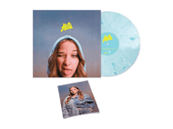 Une femme fait un clin d'œil, tire la langue, sur la pochette d'un vinyle. Une seconde image la montre en veste en jean. Le disque est bleu clair.