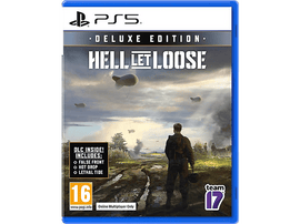 Couverture du jeu PS5 avec des soldats et des ballons. Titre : Hell Let Loose. Schéma de couleurs bleu et blanc.