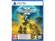 Boîte de jeu HELLDIVERS 2 PS5. Soldats combattant dans une scène de guerre avec un logo de crâne sur fond bleu.