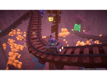 Charger l'image dans la galerie, Un chariot avec un personnage roule sur une voie minière. Cristaux et grotte en arrière-plan.
