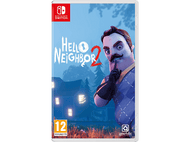Couverture du jeu Hello Neighbor 2 pour Nintendo Switch. Homme en costume sombre avec un doigt sur les lèvres pour faire taire.