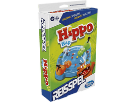Boîte du jeu Hippo Hap. La boîte montre une scène de jeu avec des hippopotames dans une piscine bleue.