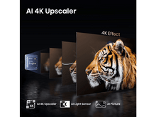 Charger l&#39;image dans la galerie, Un téléviseur affiche une image de tigre. Fonctions : AI 4K Upscaler, capteur de lumière et image.
