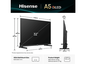 Téléviseur Hisense noir, avec dimensions, support et détails de poids. Texte : A5 QLED. Taille de montage mural VESA.