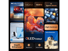 Charger l&#39;image dans la galerie, TV présentant des fonctionnalités : Dolby Atmos, Vivida, HDR10, mode sport IA, QLED et autres.
