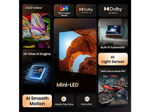 Charger l&#39;image dans la galerie, Une publicité pour un téléviseur, présentant des fonctionnalités comme Mini-LED, HDR et Dolby Atmos.
