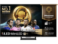 Un téléviseur moderne affichant un match de football. Caractéristiques : ULED MiniLED, AI TV, Hi-View AI et 165Hz.