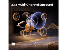 Charger l&#39;image dans la galerie, Un écran de télévision affichant une femme jouant du violoncelle, entourée de visualisations graphiques d&#39;ondes sonores.
