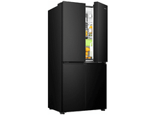 Charger l&#39;image dans la galerie, Réfrigérateur noir avec deux portes en haut et deux portes en bas. Portes ouvertes.
