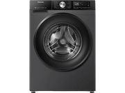 Lave-linge Hisense noir, vue de face. Porte ronde, affichage numérique et panneau de commande.