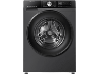 Lave-linge Hisense noir, vue de face. Porte ronde, affichage numérique et panneau de commande.