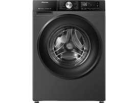 Lave-linge Hisense noir, vue de face. Porte ronde, affichage numérique et panneau de commande.