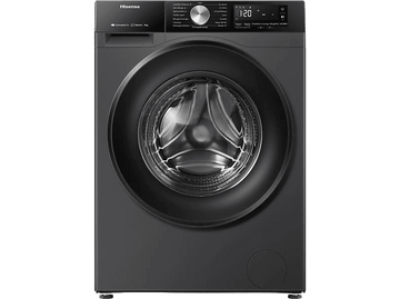 Lave-linge Hisense noir, vue de face. Porte ronde, affichage numérique et panneau de commande.