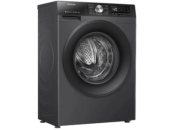 Un lave-linge Hisense noir avec une porte ronde et un affichage numérique.