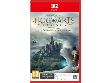 Jaquette du jeu Hogwarts Legacy. Un château, des personnages, avec une boîte de jeu rouge.