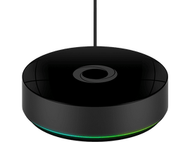 Hub domotique noir rond avec anneau lumineux en bas et dessus brillant.