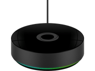 Hub domotique noir rond avec anneau lumineux en bas et dessus brillant.