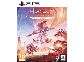 Pochette du jeu Horizon Forbidden West. Femme avec une lance face à un monstre mécanique. Autres personnages derrière.